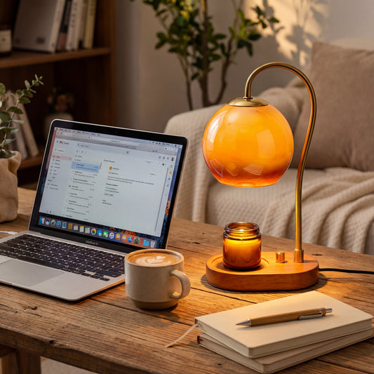 Lampe chauffe-bougie Owlight sur bureau - espace de travail cozy