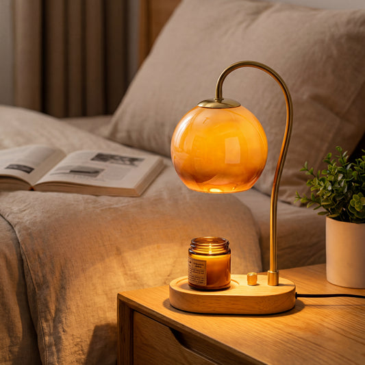 Lampe chauffe-bougie Owlight sur table de chevet - ambiance cozy chambre