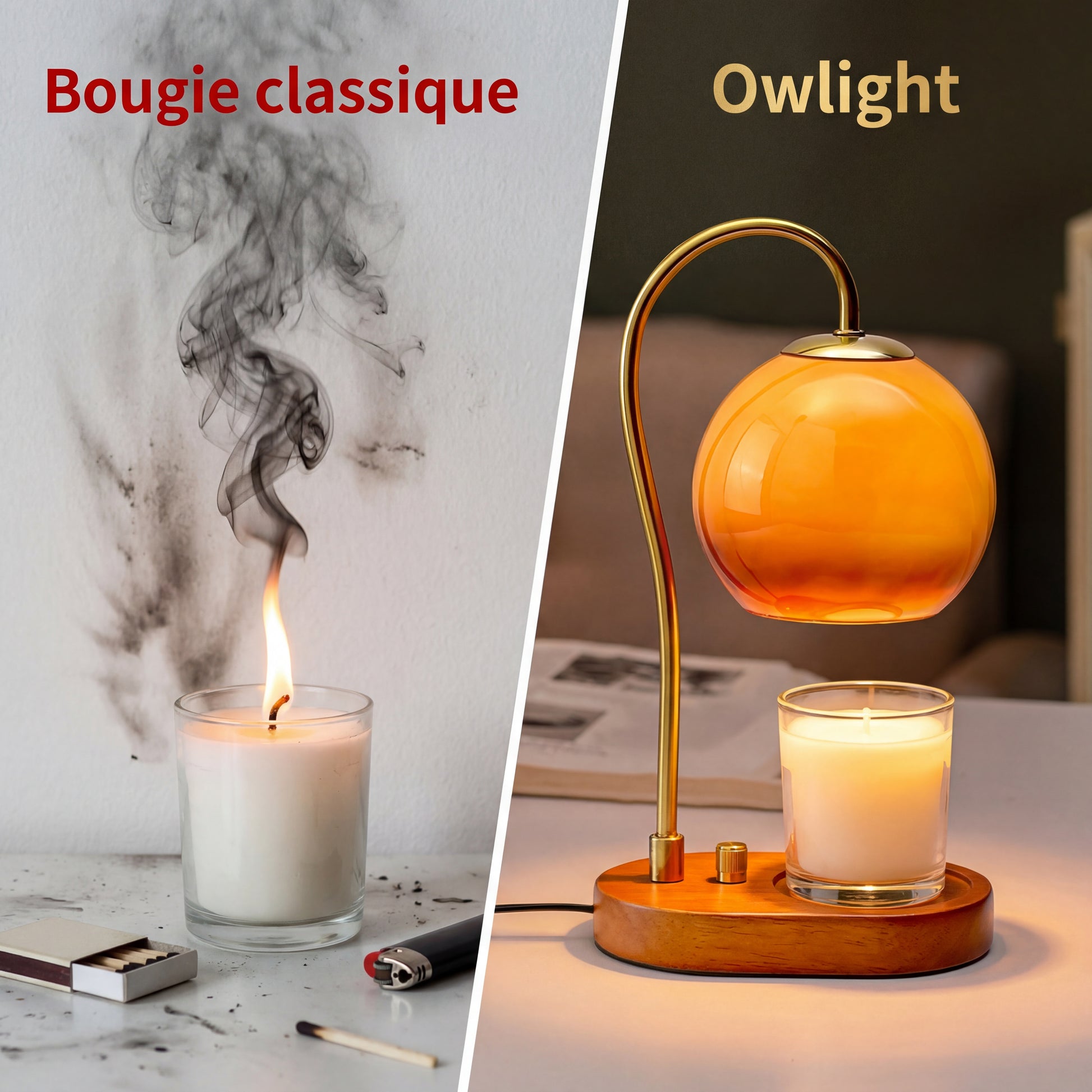 Comparatif bougie classique vs lampe Owlight - sans fumée sans suie